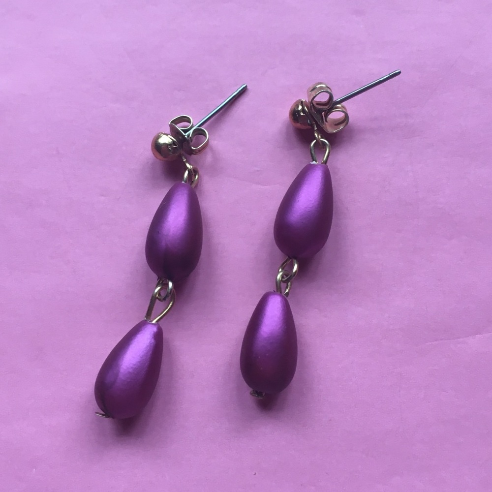 Gold and Dark Purple Dangle Earrings - Picture 1 of 1